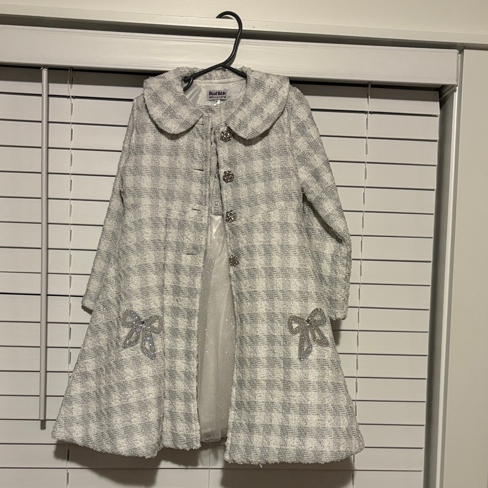 Girls' Ivory & Gray Plaid Dress Coat with Dress-  Sparkle Bow Details Size 6